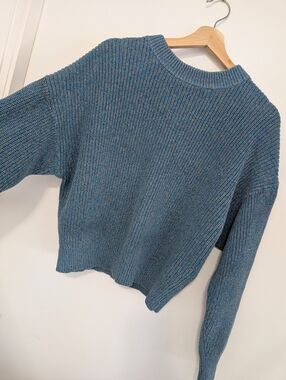 Uniqlo Small Boxy Sweater Crew Neck Grey Blue Wide Arm Cotton Knit Long Sleeve